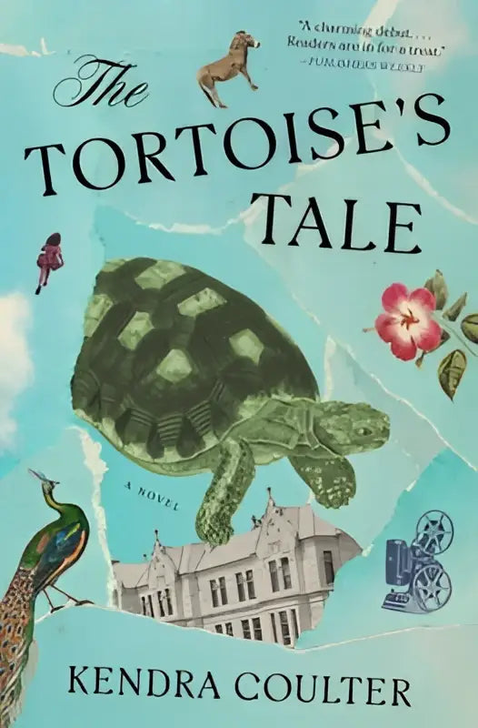 The tortoise’s tale novel by kendra coulter with illustrated green tortoise and decorative flowers on light blue background
