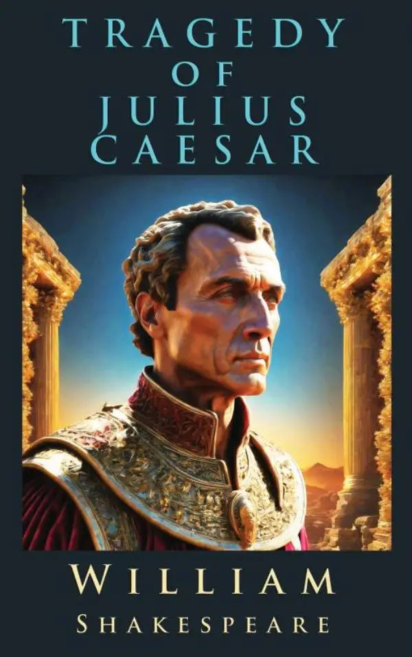 De tragedie julius caesar boekcover met gedetailleerd portret van julius caesar in gouden harnas bij oude zuilen
