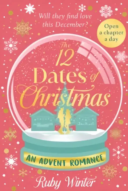 Een roze boek met een sneeuwbolontwerp, gouden tekst en teal accenten, getiteld the twelve dates of christmas van ruby winter gericht op her heart