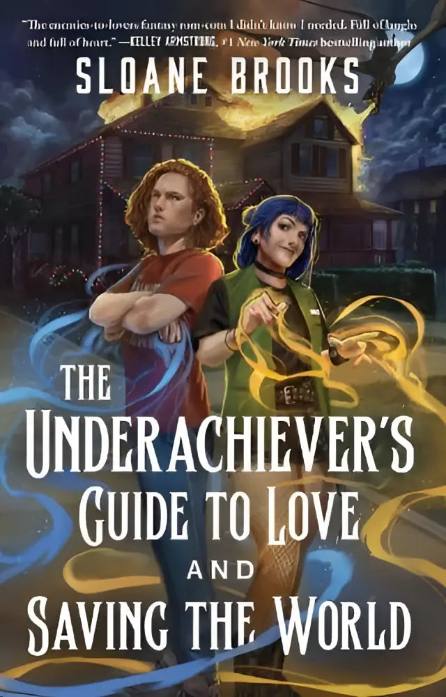 Cover van the underachiever’s guide to love and saving the world van sloane brooks toont twee dynamische personages voor een huisillustratie