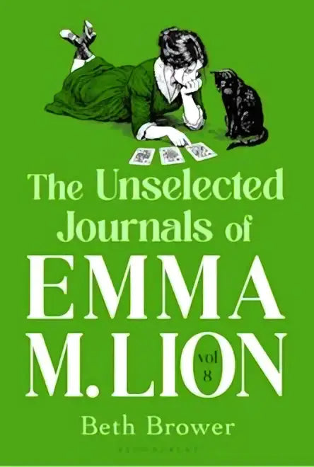 Groene boekomslag van the unselected journals met zwart-witte illustratie van vrouw en kat en witte tekst