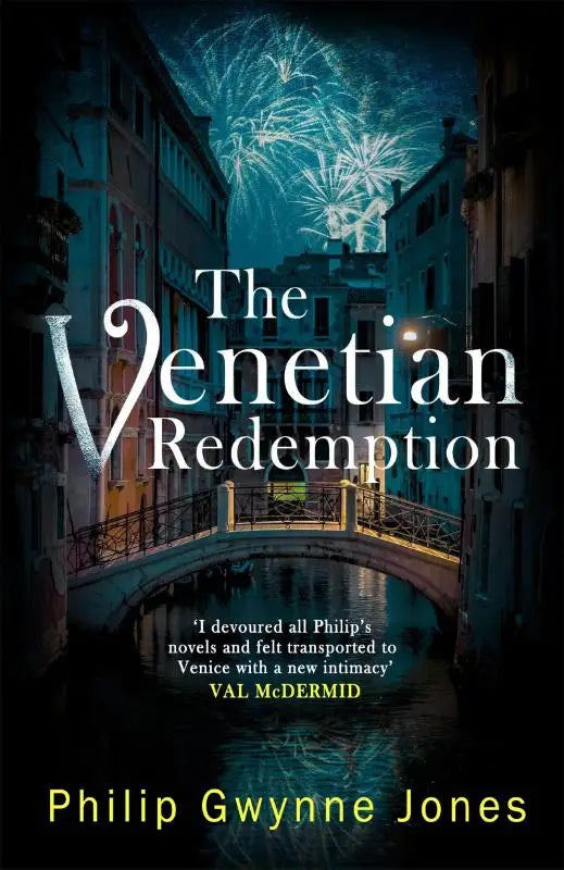 Boekcover van the venetian redemption toont een sfeervolle nachtelijke venetiaanse gracht met vuurwerk en verlichte gebouwen