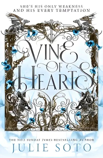 De boekomslag van the vine toont een zilverkleurig sierlijk frame met bloemen en hartmotieven rondom de titel vine of hearts