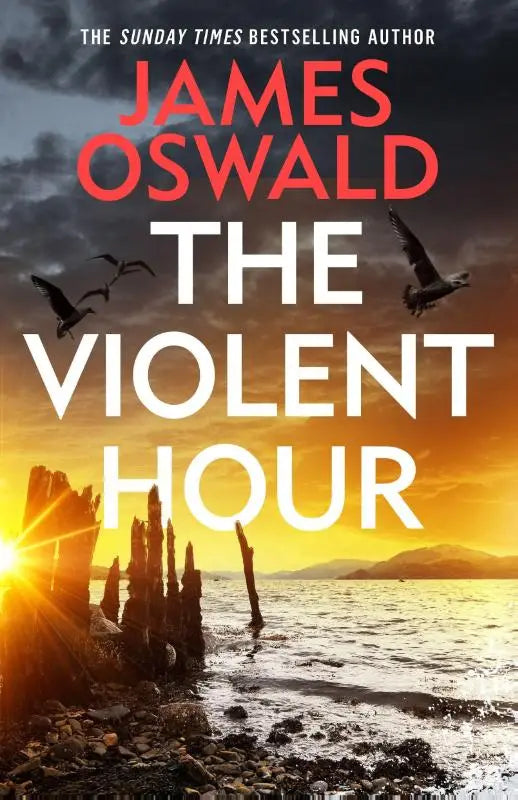De cover van the violent hour door james oswald toont een dramatische zonsondergang over water met silhouetten van vogels en verweerde houten palen