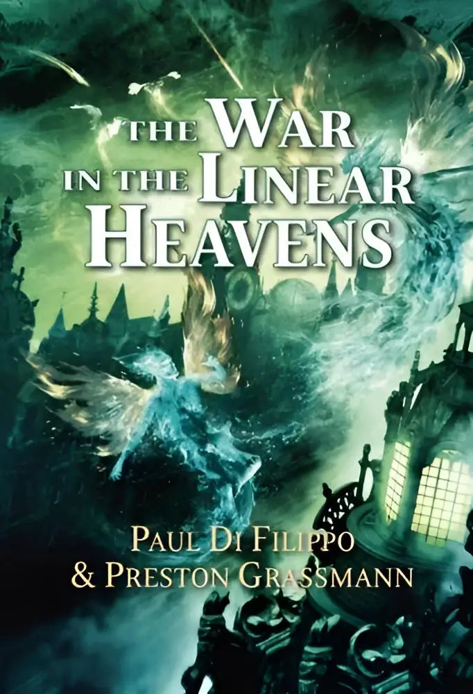 Boekcover van the war in the linear heavens met dramatische fantasieillustratie van engelachtige figuren in blauwe en groene tinten