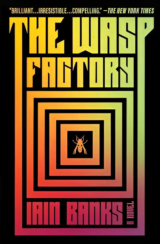 The wasp factory door iain banks novel with bold yellow orange text and insect silhouette on black background