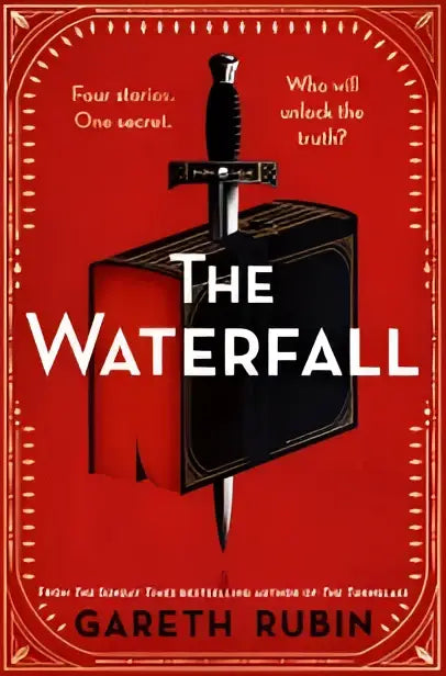 The waterfall door gareth rubin is a striking red mystery book cover featuring a black sword piercing a briefcase