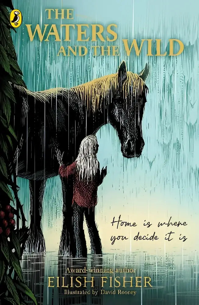 The waters and the wild childrens book cover shows a dark brown horse with wet mane beside a child in a red coat