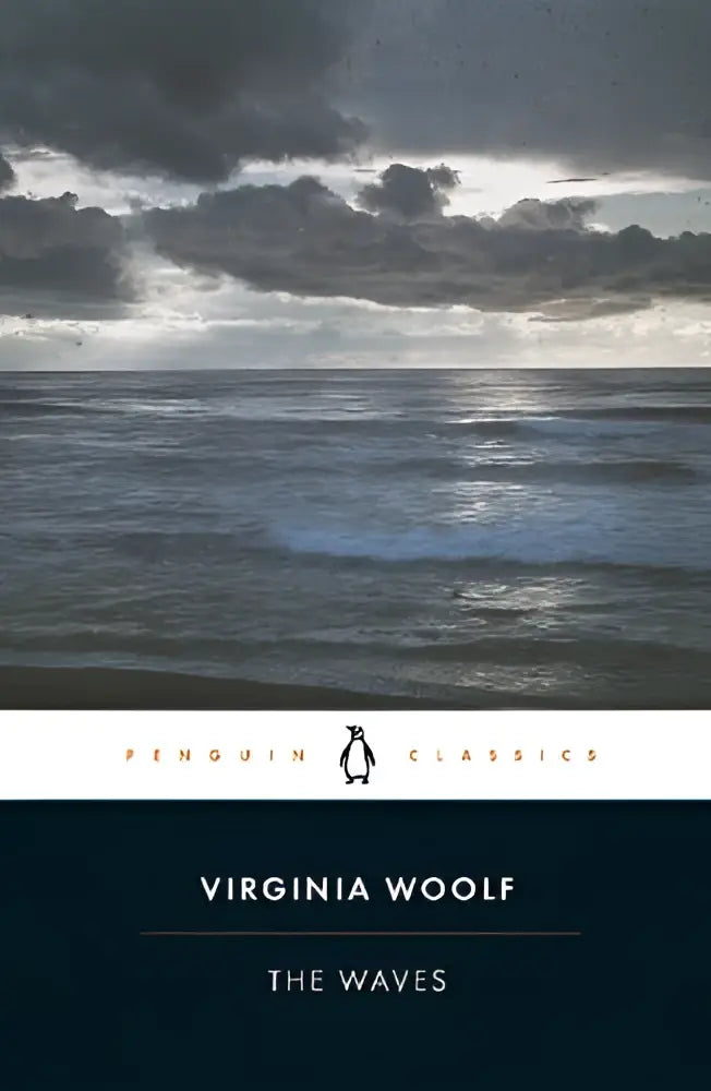 Hardcover editie van the waves door virginia woolf in een donkerblauwe penguin classics band met witte tekst