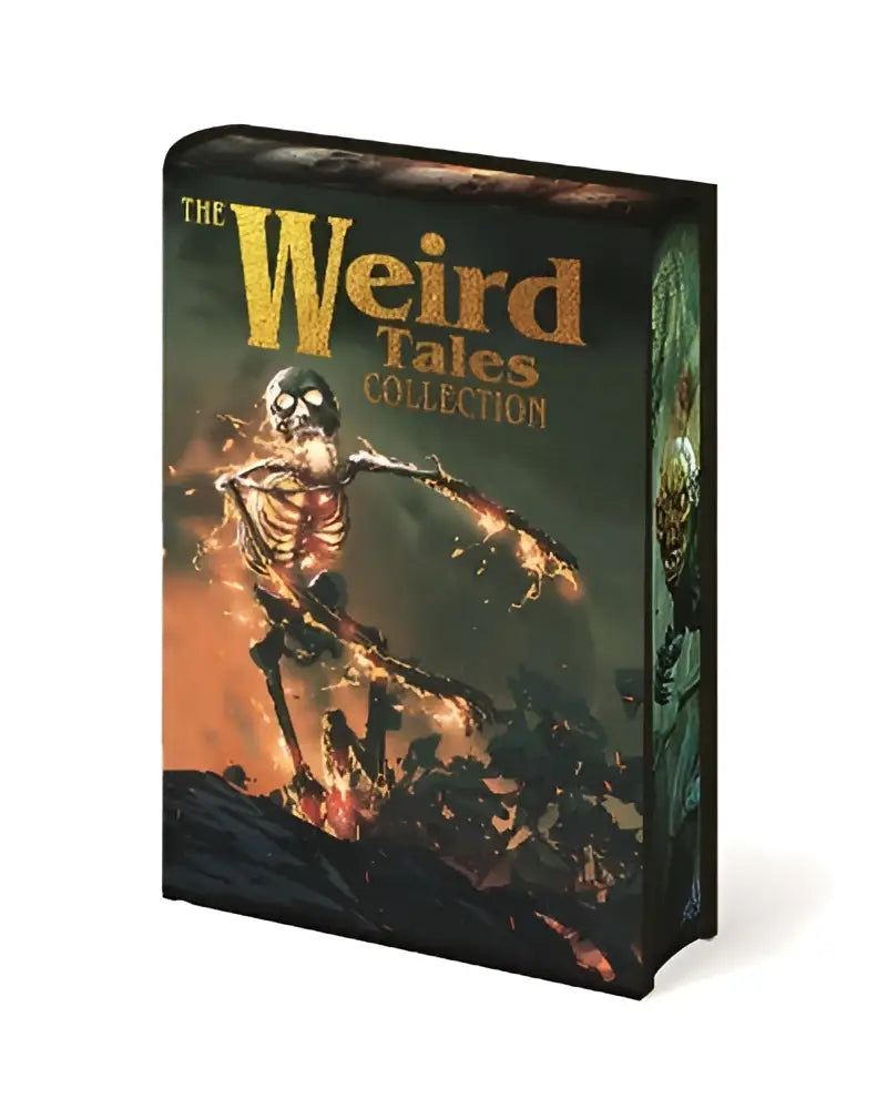 The weird tales collection box set features a dark gothic cover with a skeleton wielding flaming weapons against fire