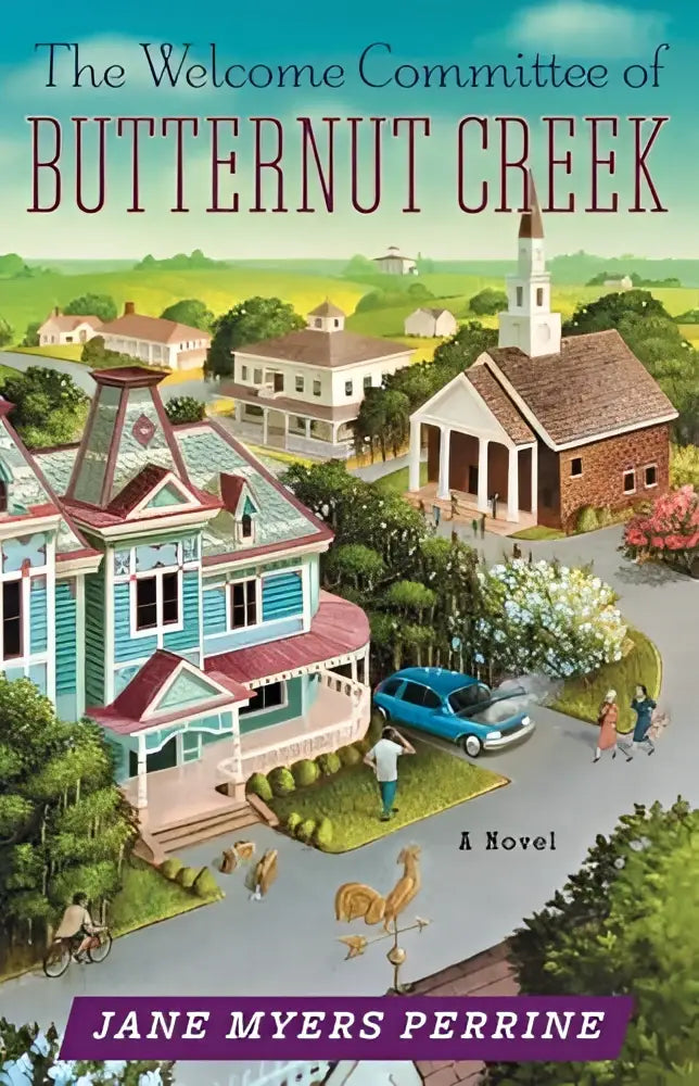 The welcome committee of butternut creek boekcover toont een charmante illustratie van een blauw witte victoriaanse woning