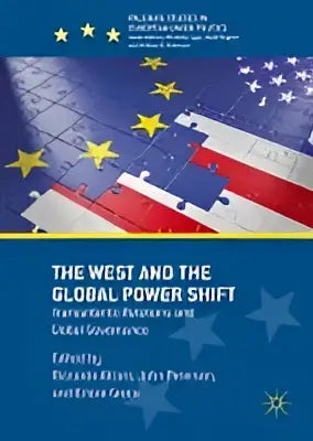 Promotionele afbeelding van the west and the global power shift met amerikaans en europese unievlaggen over transatlantische relaties
