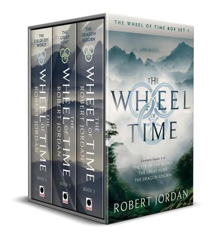 The wheel of time box set 1 hardcover books with dark gray spines featuring misty mountain artwork for the eye of the world series