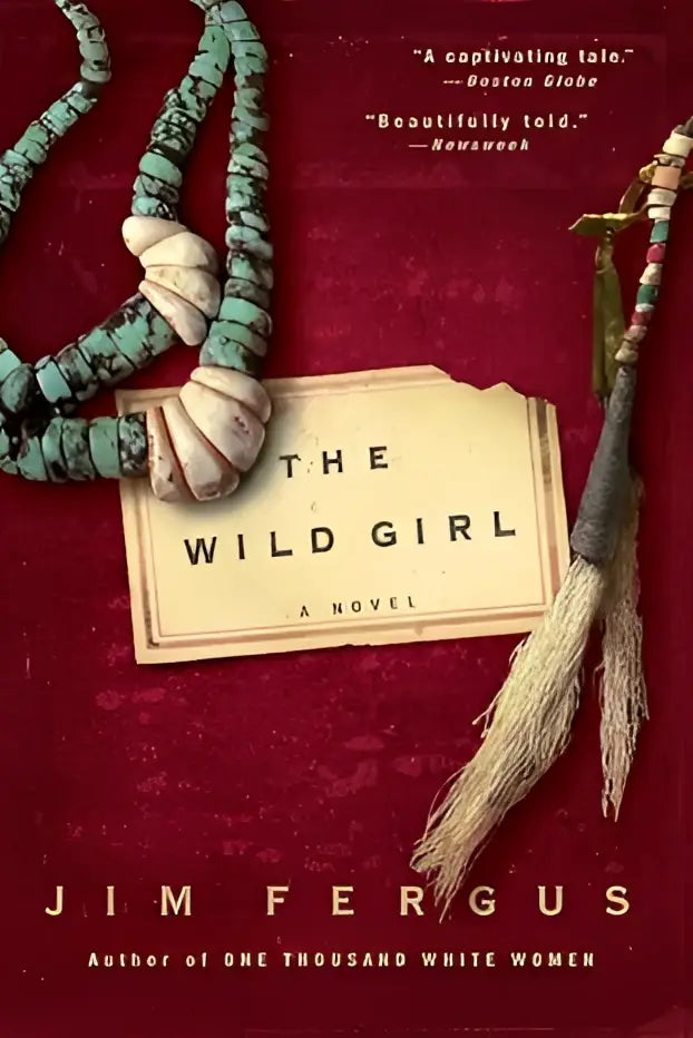 A novel titled The wild girl the notebooks of Ned Giles 1932 with an aged parchment cover and turquoise cream necklaces