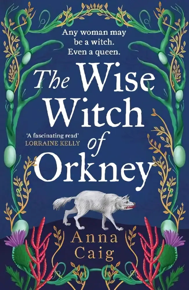 Het boek the wise witch of orkney toont een witte wolf met rode ogen op donkerblauwe bodem met groene wijnranken en paarse bloemen