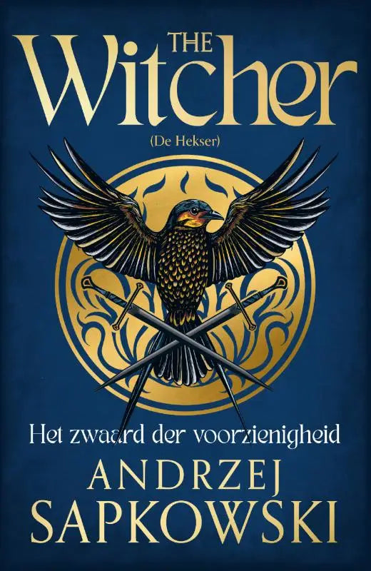 De witcher het zwaard der voorzienigheid boek met donkerblauwe achtergrond gouden letters en zwarte vogel illustratie