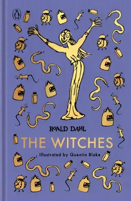 De cover van het boek the witches van roald dahl toont een gouden gestileerd figuur met uitgestrekte armen op paarse achtergrond
