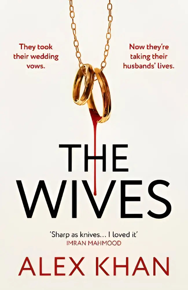 Gouden trouwringen aan een ketting met rode vloeistof voor the wives een absoluut nail-biting mystery thriller die boeit