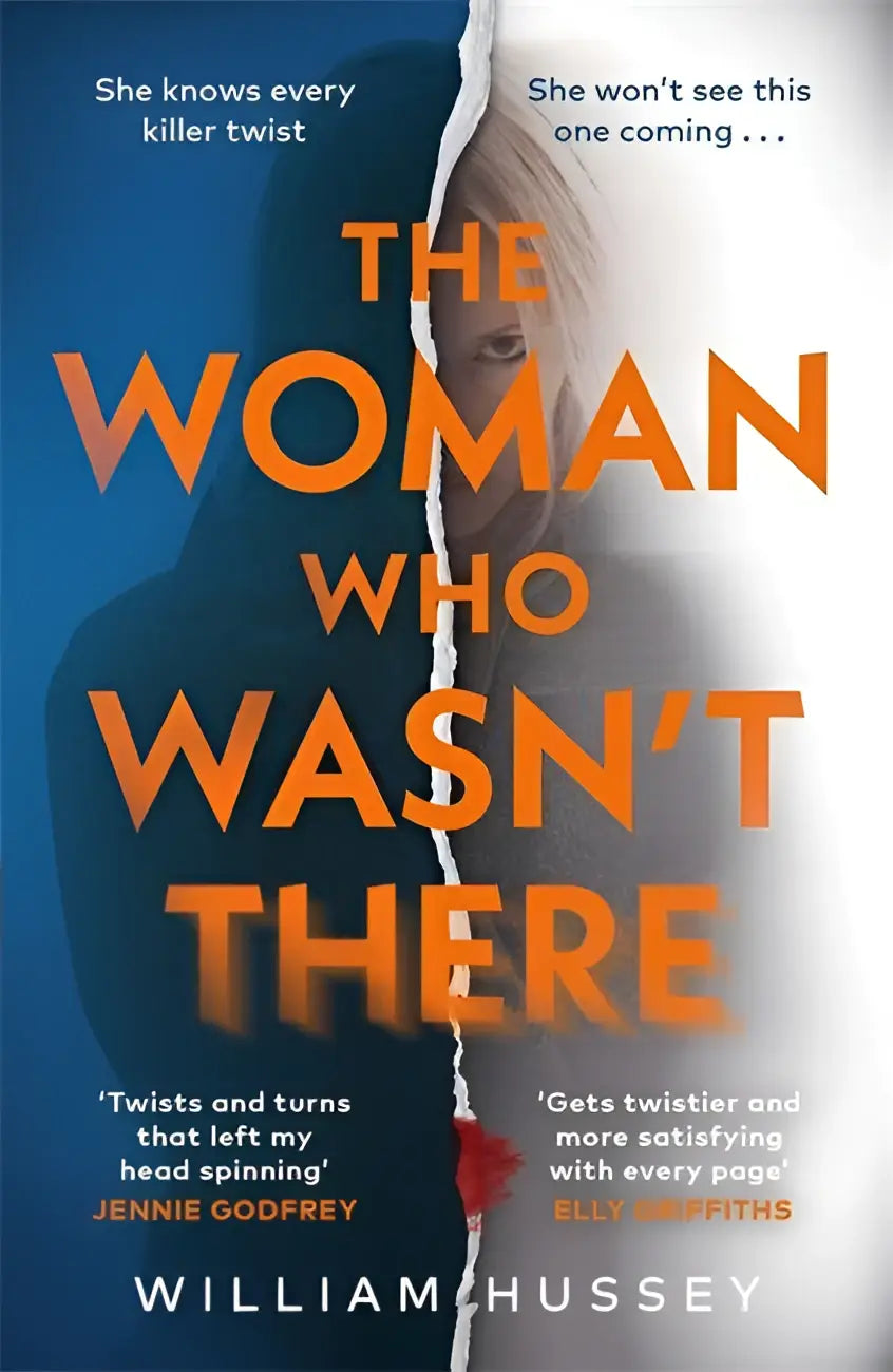 Cover van the woman who wasnt there door william hussey met gedurfde oranje tekst op blauw-witte gescheurde achtergrond