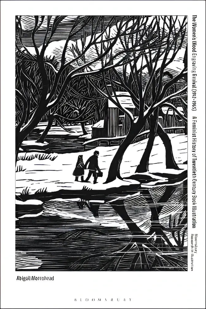 Black and white wood engraving print showing two figures in a snowy landscape with bare trees from the wood engraving revival