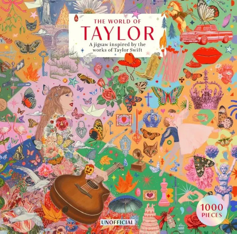 Cover van een levendige 1000-delige jigsaw geïnspireerd op de werken van taylor swift met kleurrijke symbolen