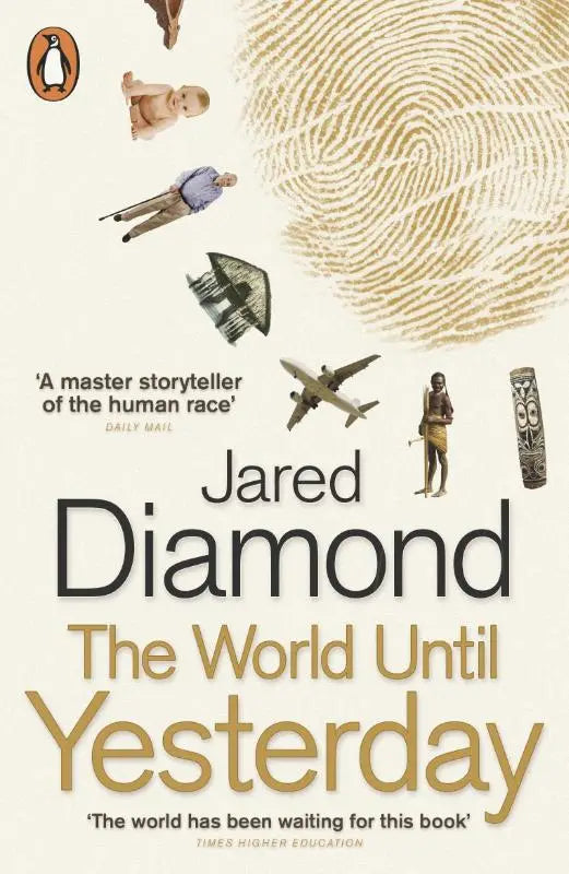 The world until yesterday by jared diamond beige book cover illustrating traditional societies airplane and fingerprint