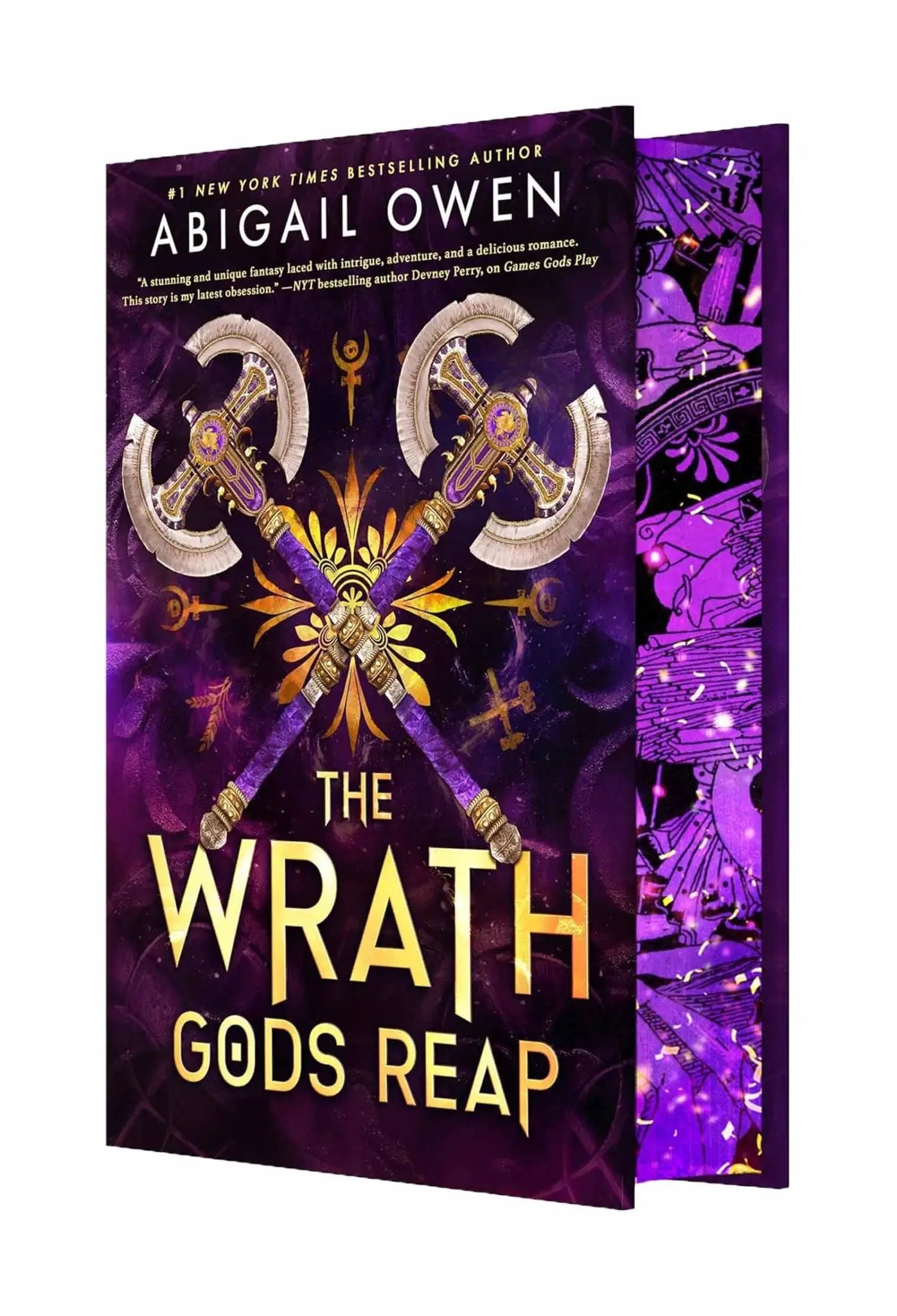 Purple and gold fantasy book cover of the wrath gods reap by abigail owen featuring crossed ornate axes