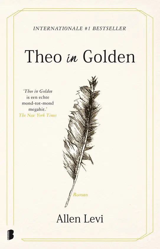 Boekomslag van theo in golden met zwart-witte veerillustratie en titel en auteur in elegant serif lettertype