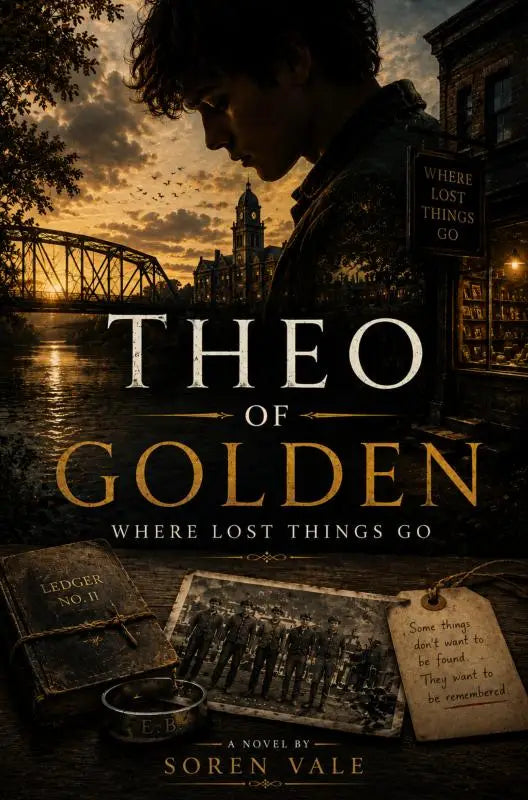 Cover van theo of golden een roman door soren vale met een silhouet tegen een zonsondergang bij een brug over een rivier waar lost things centraal staan