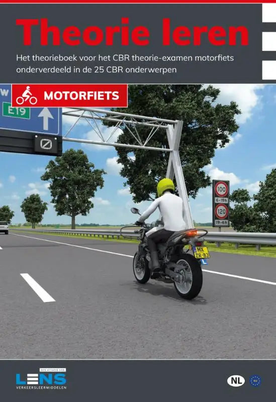 De cover van het complete theorieboek theorie leren motorfiets toont een rijder met gele helm op een zwarte motorfiets