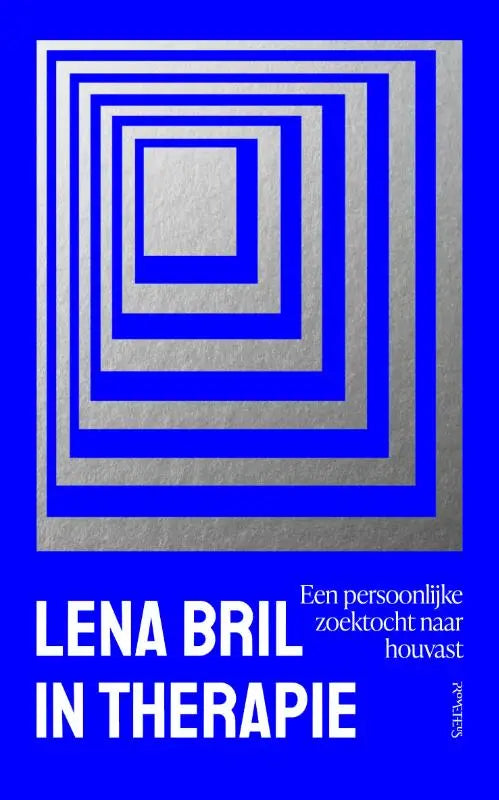 Blauw en zilver geometrische boekomslag met vet wit tekst voor in therapie een persoonlijke zoektocht naar houvast