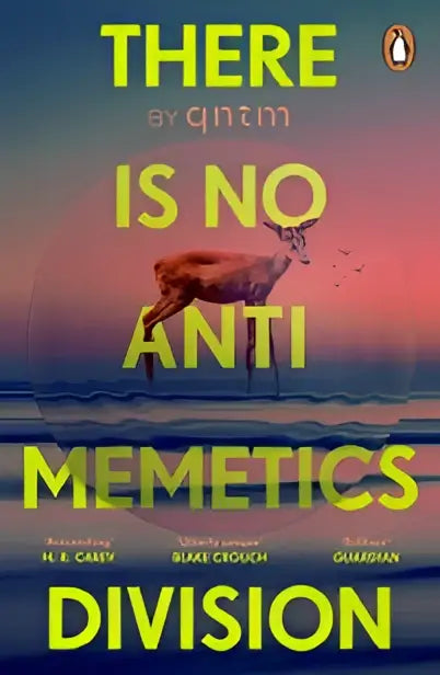 De fysieke del rey uitgave van there is no antimemetics division met gele tekst en springend hert op de omslag