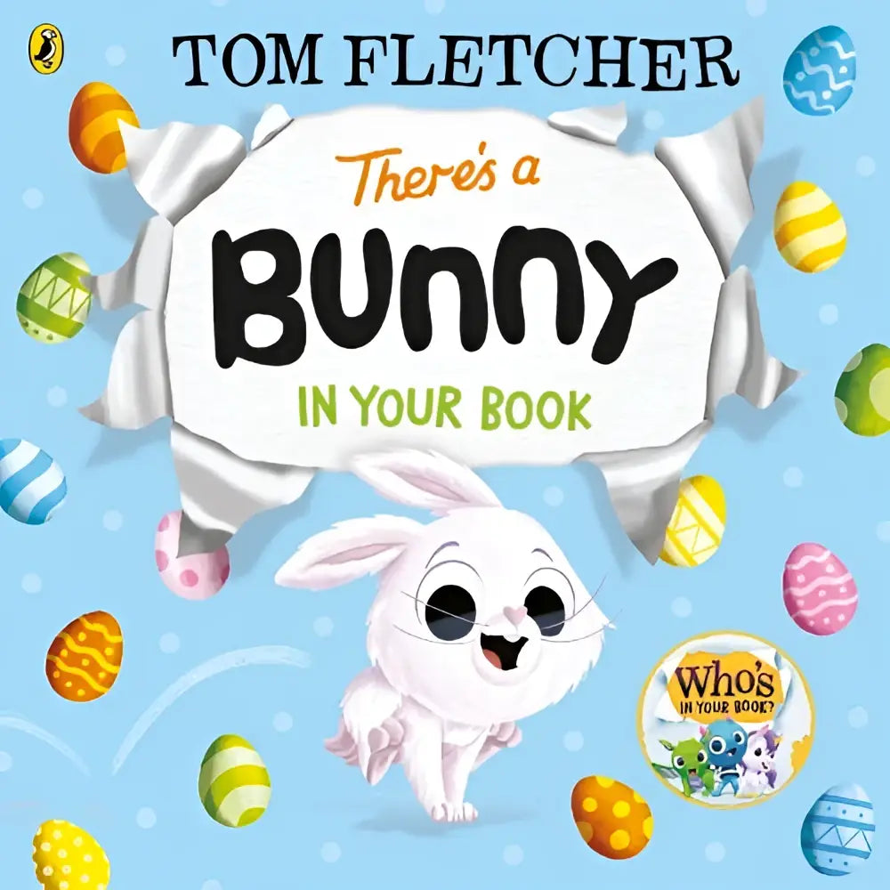 Een vrolijk wit konijntje met zwarte ogen op de cover van tom fletchers kinderboek theres a bunny in your book