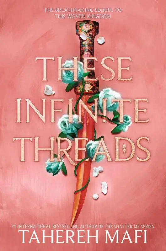 A decorative sword from these infinite threads with an ornate patterned hilt and slender blade adorned with teal roses and white petals