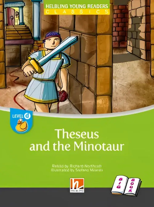 Omslag Theseus and the Minotaur big book, jongen met zwaard in blauwe tuniek