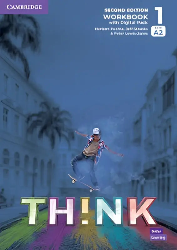 De cover van de cambridge think tweede editie a2 workbook met digital pack toont een kleurrijk ontwerp en een skateboarder