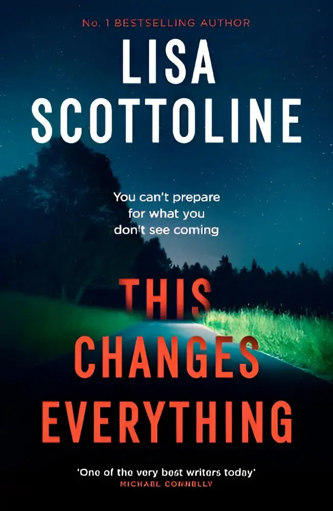 Boekcover van this changes everything door lisa scottoline met gedurfde oranje en witte tekst en groen gloeiend gras