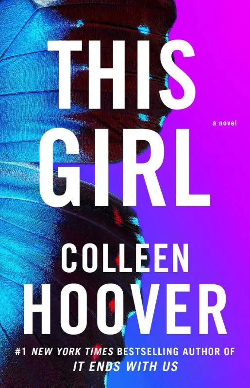 Boek this girl van colleen hoover met opvallende witte tekst op paarse achtergrond en blauwe zwarte vlinder vleugels