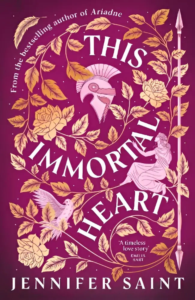 Een levendige magenta boekomslag met gouden illustraties van rozen en mythologische figuren voor this immortal heart van jennifer saint