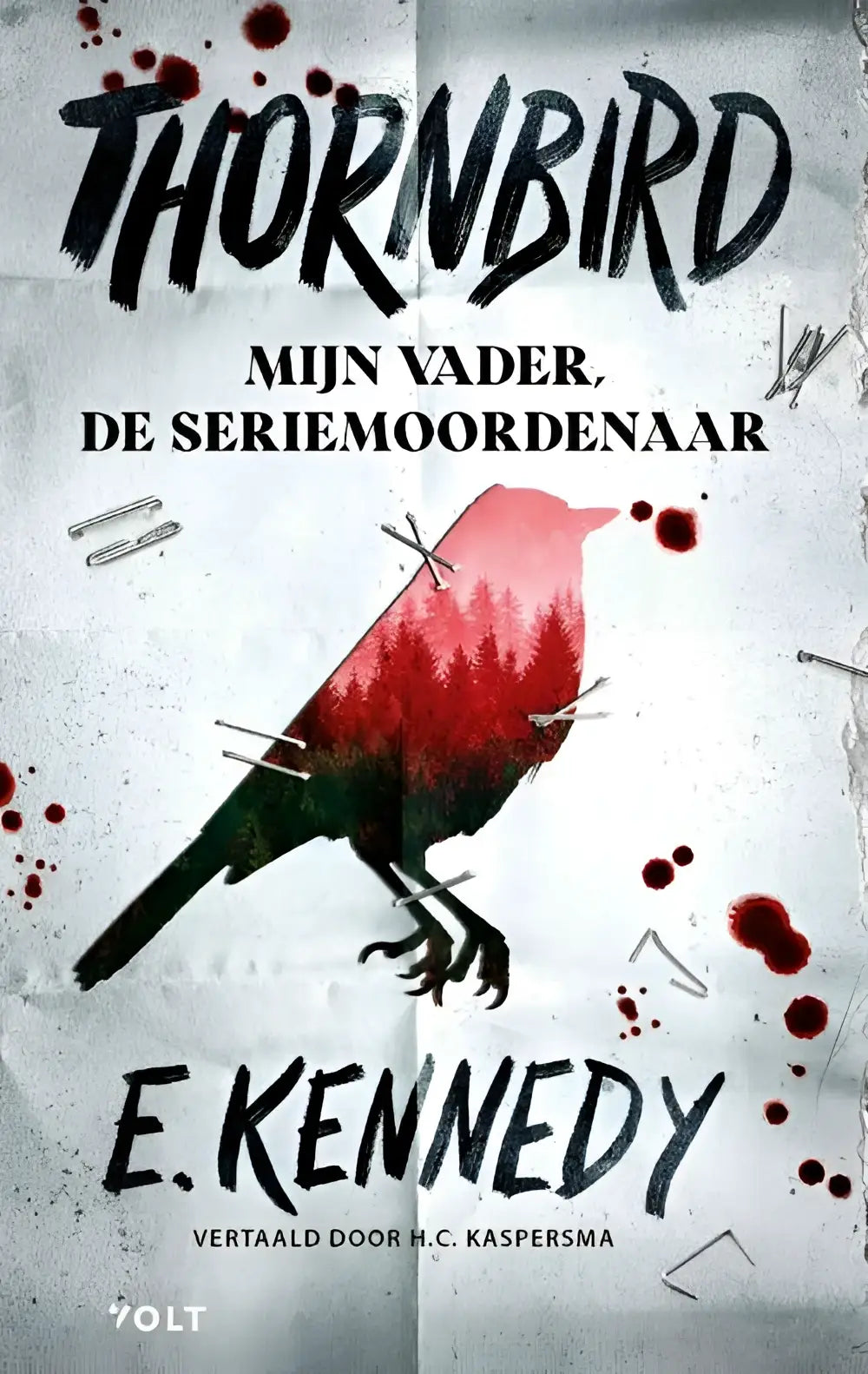 A nederlandstalig paperback titled thornbird with a stylized red and black bird illustration pinned to textured paper for jonge lezers