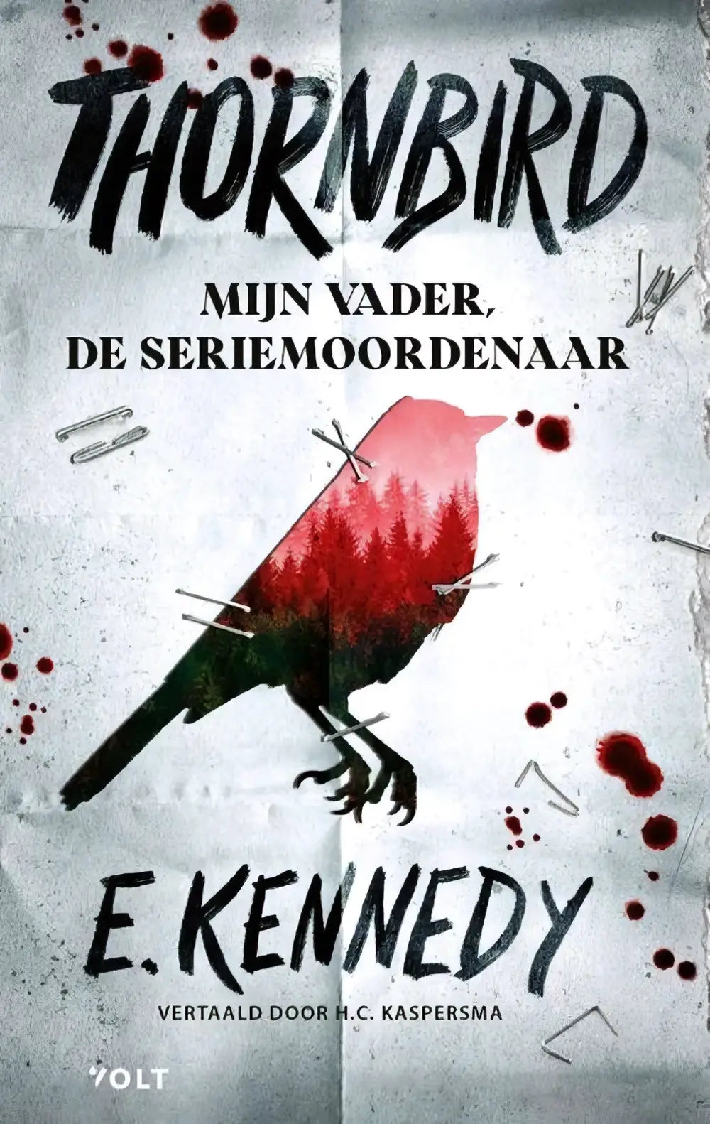 Een nederlandstalig paperback voor jonge lezers met een gestileerde roodzwarte gradient vogelillustratie genaaid op papier