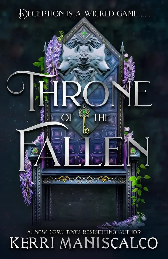 De cover van throne of the fallen toont een gothic stijl troon met een metalen afwerking in de seriously spicy romantasy serie
