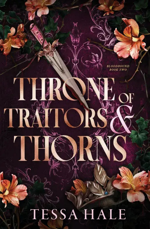 De speciale editie van Throne of Traitors and Thorns door Tessa Hale toont een dolk met roze greep op paarse achtergrond