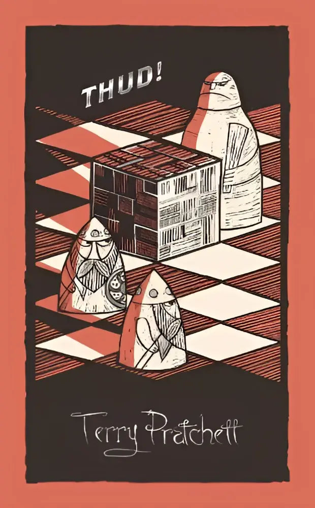 Een gestileerde illustratie van een zwart-wit dambord met drie speelse figuren en een kubus voor discworld novel 34 thud