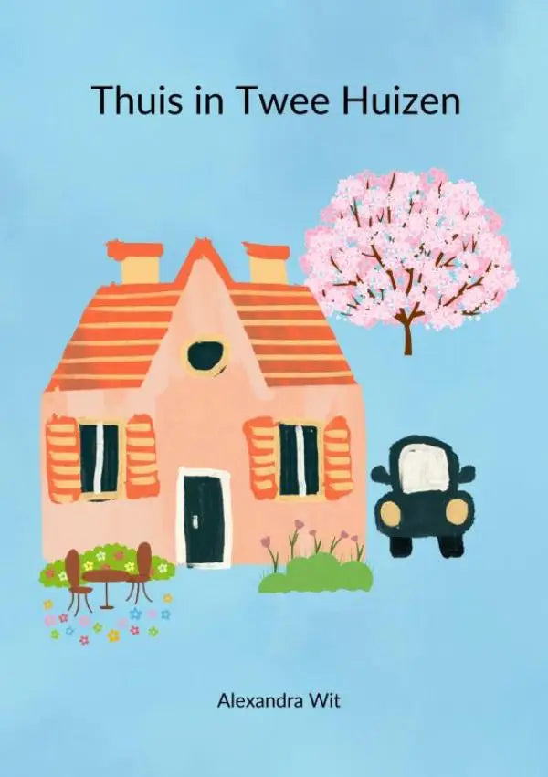 Roze huis met oranje dak en gestreepte luiken van het boek thuis in twee huizen voor jonge lezers