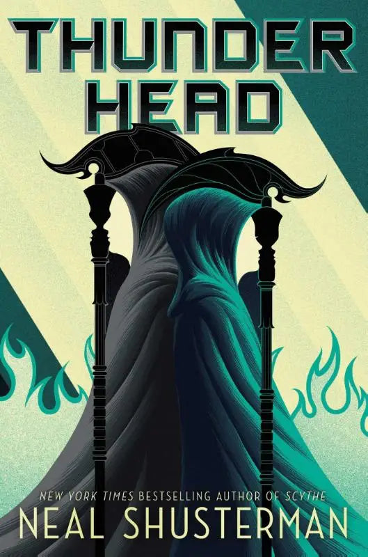 De cover van het boek thunderhead door neal shusterman toont een donkere, gewadde figuur en is ideaal voor jonge lezers
