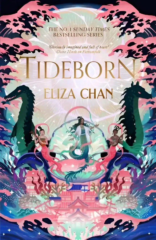 De cover van tideborn boek 2 in de drowned world duology toont een figuur in een glazen bol met zeewezens en roze en teal tinten