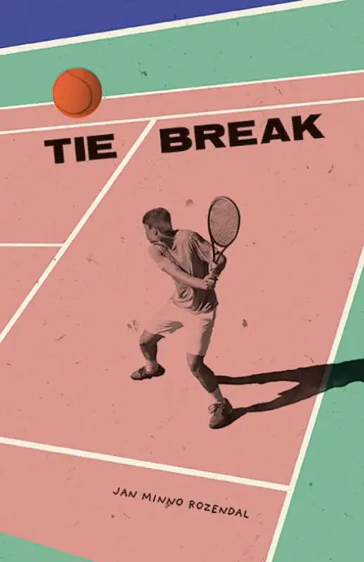 Een gestileerde illustratie van een tennisser in actie op een roze baan met de tekst tie break bovenaan