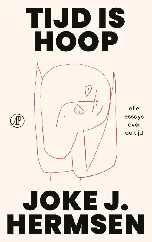 Boekcover van tijd is hoop met een minimalistische lijntekening in roodbruin en zwarte tekst voor essays over tijd