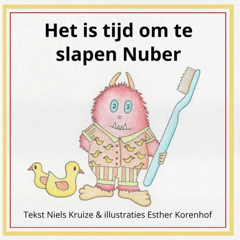 Een roze, harige monstertje in gele en beige pyjama met eendmotief houdt een lichtblauwe tandenborstel vast in slapen nuber